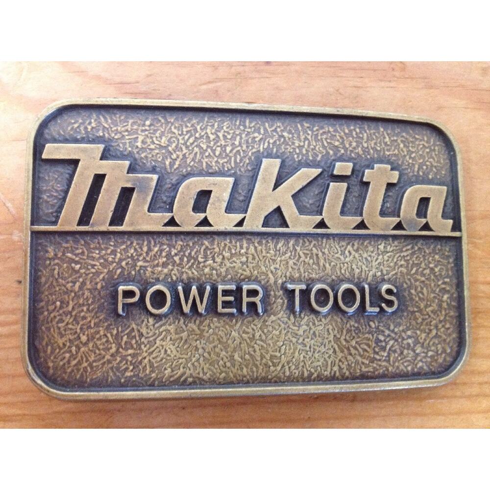 Vtg 70s Makita Power Tools Logo Solid Brass Chunky Belt Buckle USA Made 3.25"